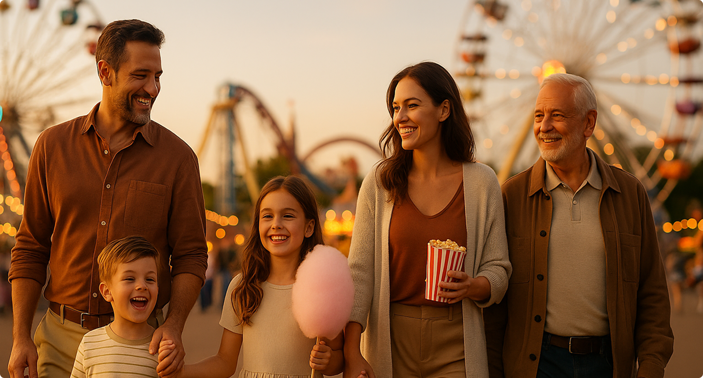 Happy family - father, mother, children and grandfather in festive environment with lights in the background